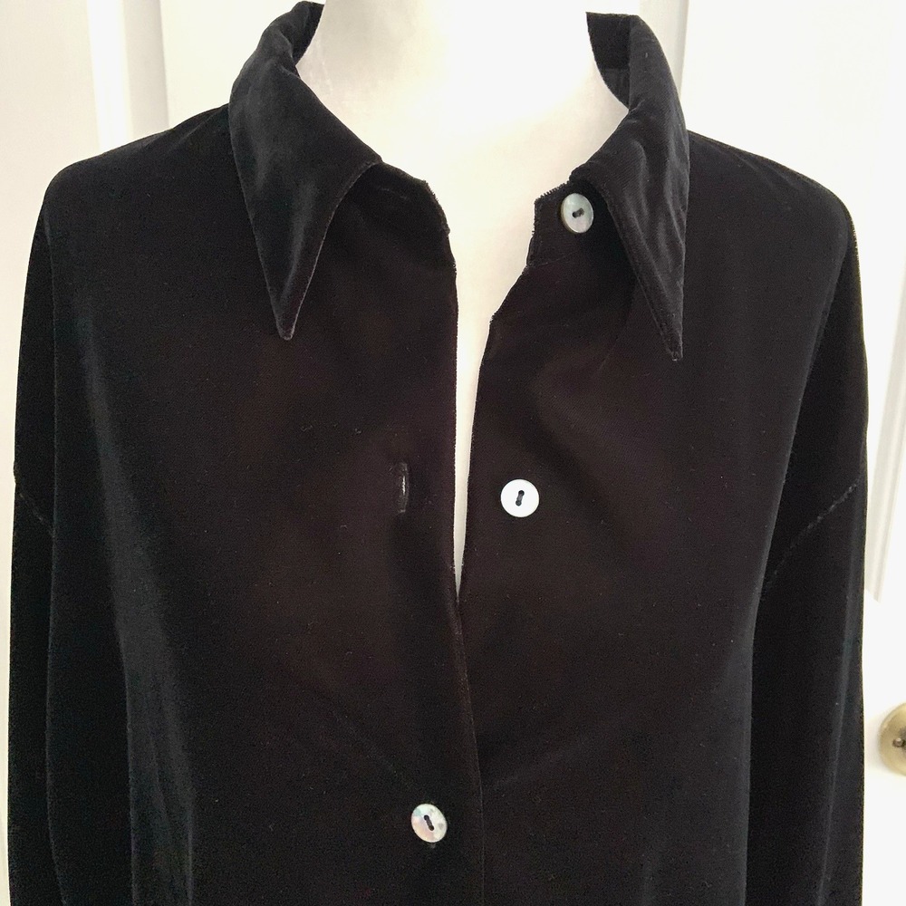 VTG 90s Liz Claiborne Black Velour Velvet Long Sleeve button up top women sz 14